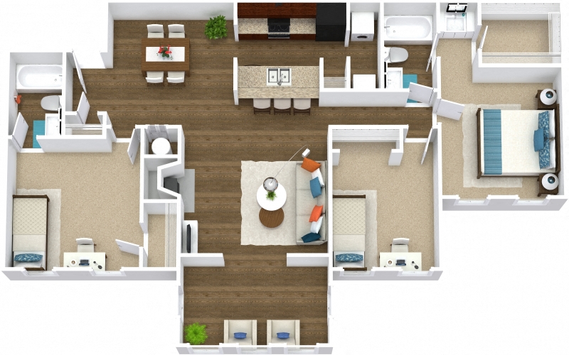 Floor plan for 3 beds, 2 baths, 1388 sqft